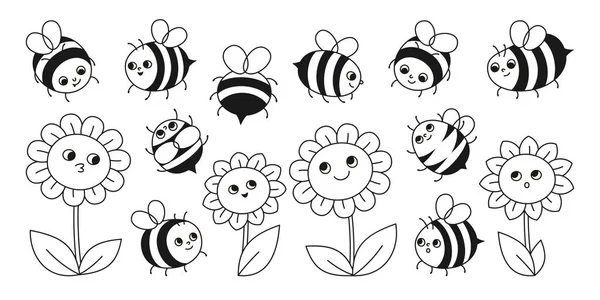 Bee Honey Characters Flowers Cute Sign Set Comics Kids Honeybee — Stock Vector