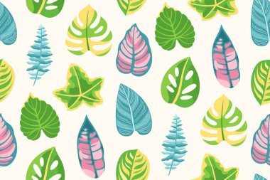 Egzotik yapraklar çizgi filmdeki gibi pürüzsüz. Tropik farklı orman bitkileri sınırsız arka plan. Monstera palmiyesi yazın bitmeyen kağıt baskısı, kumaş tekstili, ambalaj arkaplanı tasarımı