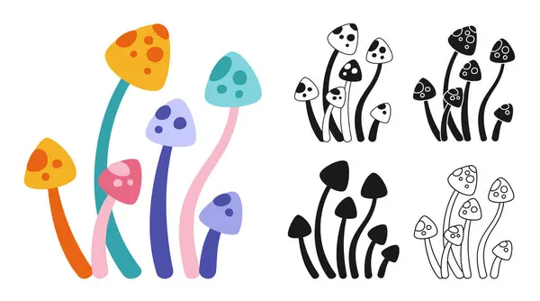Ψυχεδελικό Φανταστικό Σετ Μανιταριών Στυλιζάρει Ρετρό Μύκητα Χρωματιστά Καρτούν Σχήμα — Διανυσματικό Αρχείο