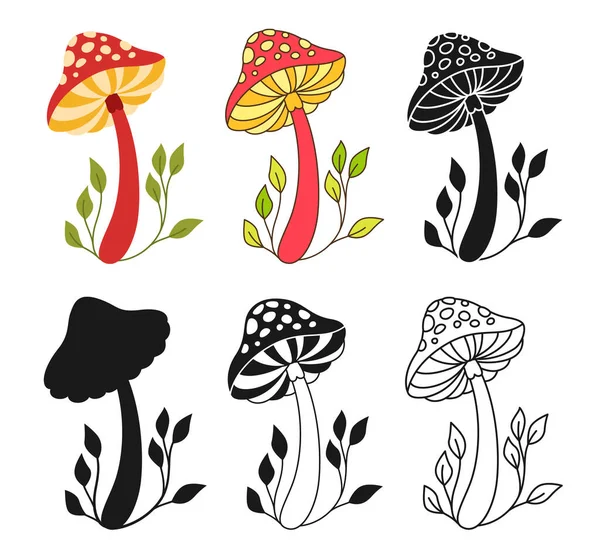 Mushroom Psychedelic Fantastic Fly Agaric Set Colored Cartoon Silhouette Shape — Stock Vector