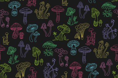 Mantarlar hippi retro-kusursuz kalıpları şekillendirir. Zehirli psikedelik soyut mantarlar sonsuz arka plan, çizik doğrusal şekil ambalajı. Canlı sihirli mantar süs baskısını tekrarla