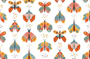 Kelebek ve güve etkin, pürüzsüz desen. Retro bohem böcekler süsü tekrarlar. Sihirli uçan gizemli boho güvesi mistik kelebek dokusu sınırsız duvar kağıdı süslemeli şablon.