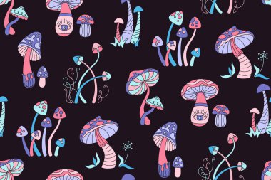 Mantarlar hippi retro-kusursuz kalıpları şekillendirir. Zehirli psikedelik soyut mantarlar 70 'lerin bitmek bilmeyen arka plan stili. Yaşayan sihirli 70 'ler fantastik mantarlar gerçeküstü hippi süslemelerini tekrarlıyorlar.