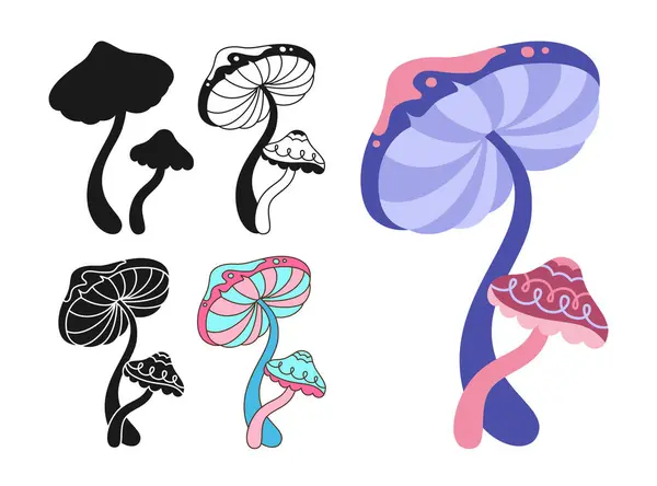 Mushroom Psychedelische Fantastische Symbolset Cartoon Silhouettenform Oder Kritzeltätowierung Linie Verzieren — Stockvektor