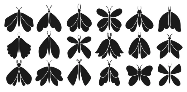 バタフライまたはモットーシンプルなシンボルシルエットセット さまざまな翼の形をしたレトロブーフ昆虫 ファンタジーは 天体のモットーフィギュアをスタイル化し 飛行魔法の昆虫サイン蝶 ミスティックブラックマンガベクター — ストックベクタ