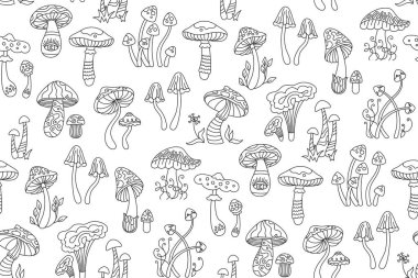 Mantarlar hippi retro-kusursuz kalıpları şekillendirir. Zehirli psikedelik soyut mantarlar sonsuz arka plan, çizik doğrusal şekil ambalajı. Hippi sihirli fantastik mantar süs baskısını tekrarla