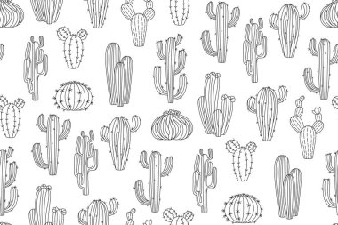 Kaktüs dikişsiz desen çizer. Moda hatları, sulu bitkilerin süslemelerini tekrarlıyor. Duvar kağıdı, ambalaj, arka plan, tekstil dekoru için sonsuz çöl kaktüsü. Egzotik sınırsız vektör çizimi