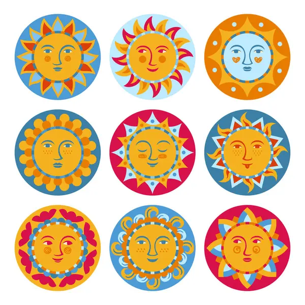 Сонце Обличчям Абстрактний Мультиплікаційний Набір Етнічний Стиль Бохо Сонячні Усміхнені Ліцензійні Стокові Вектори