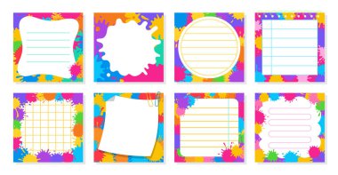 Kağıt yapışkan notlar, renkli sıçrama boyalarıyla hazırlanmış Not Defteri. Sayfa listesi telif defteri sayfası şebekesi çizili. Kırtasiye elemanları planlayıcı. İzole edilmiş parlak çizgi film vektör çizimi