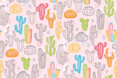 Kaktüs egzotik, pis, pürüzsüz desen. Çizgi filmlerdeki moda el yapımı sulu bitkiler tekrar süsleme yapıyor. Çizim kitabı, bitkisel çöl boyası, sonsuz bir dekor. Kaktüs duvar kağıdı vektör çizimi