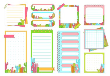 Notepaper page, bookmark and sticker set with cacti. Stationery elements for planning. Weekly daily blank planner, note checklist paper, sticky template page collection. Isolated vector illustration clipart