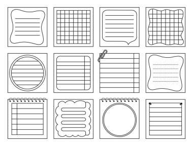 Paper notes, Notepaper Sticker Notepads outline set. Sticky notes or sheet list posts, copybook page lined or grid. Stationery elements planning education blank organizer. Isolated vector illustration clipart