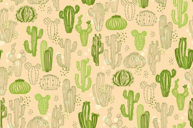 Kaktüs gibi pis, pürüzsüz bir desen. Moda dokulu sulu bitkiler süsü tekrarlıyor. Duvar kâğıdı, ambalaj, arka plan, tekstil dekoru için sonsuz çöl boyası kaktüsü. Egzotik sınırsız vektör çizimi