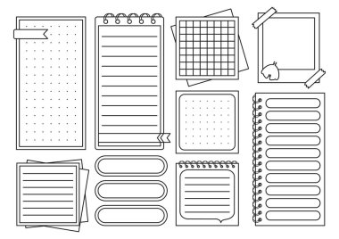 Not kağıdı sayfası, yer imi ve etiket ana hatları. Planlama için kırtasiye malzemeleri. Haftalık boş planlayıcı, not listesi kağıdı, yapışkan şablon sayfa koleksiyonu. İzole vektör illüstrasyonu