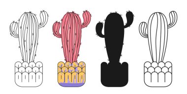 Çiçek saksısı çizgi film setinde kaktüs. El yapımı modaya uygun, leziz bir koleksiyon izole edilmiş. Meksika çöl bitkileri siluet ve karalama kaktüsü. Saklı ev bitkileri vektör illüstrasyonu