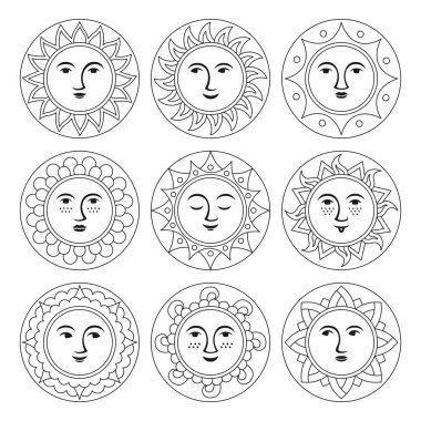 Yüzü soyut karikatür setiyle güneş. Etnik boho tarzı, neşeli gülümseyen yüzler. Komik gülümseyen güneşler çeşitli duygular sevimli ikonlar. Ilık güneş ışınları. Neşeli vektör izole çizimi