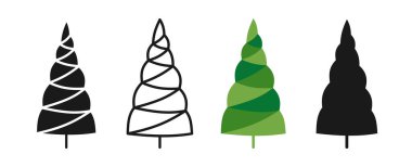 Noel ağacı sembolü karikatür ve karalama, stilize tabela seti. Geleneksel yılbaşı Xmas geleneksel çam ağacı tebrik kartı, davetiye ve pankart tasarımını kutluyor. Noel geometrik ağaç vektörü