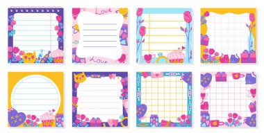 Kağıt yapışkan notlar, Not kağıdı yapıştırması Sevgililer Günü elementleriyle ayarlanmış. Sayfalar listesi sayfası şebeke ve romantik hafıza çizimleri ile dolu. Kırtasiye planlayıcısı. Vektör illüstrasyonu