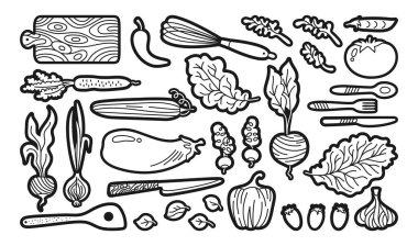 Sebzeler ve mutfak gereçleri çizgi film ana hatları çıkartma seti. Sebze havuç, salatalık, marul biber veya soğan sarımsağı vs. Elle çizilmiş sağlıklı tarım ürünü. Taze vejetaryen menü vektörü