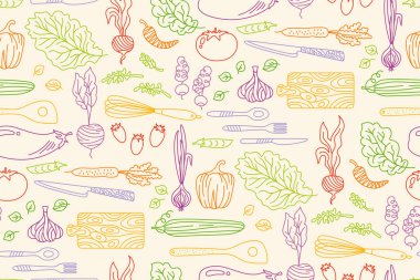 Sebze çizgi filminde kusursuz arkaplan deseni. Vejetaryen, çocuksu, sağlıklı yiyecekler. Kağıt baskı, tekstil, ambalaj arkaplanı, tekrar eden şablon paketleme vektörü için bitkisel sınırsız bebek tasarımı