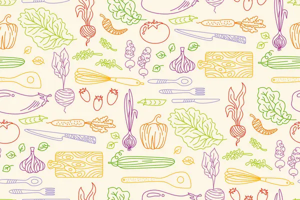 Sebze çizgi filminde kusursuz arkaplan deseni. Vejetaryen, çocuksu, sağlıklı yiyecekler. Kağıt baskı, tekstil, ambalaj arkaplanı, tekrar eden şablon paketleme vektörü için bitkisel sınırsız bebek tasarımı