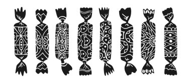 Süslerle süslenmiş el yapımı şekerler. Karamelli bonbon lolipop çikolata, kabartmalı şekerleme aperatif seti. Tatlı, çocukça bir kutlama. Paketlenmiş karamel şekerleme vektör illüstrasyonu