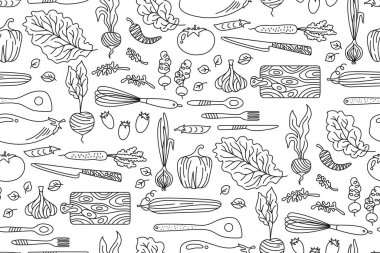 Sebze çizgi filminde kusursuz arkaplan deseni. Vejetaryen, çocuksu, sağlıklı yiyecekler. Kağıt baskı, kumaş tekstil, ambalaj arkaplanı, tekrar eden şablon paketleme vektörü için bitkisel sınırsız tasarım