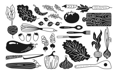 Sebzeler ve mutfak gereçleri çizgi film setleri. El yapımı sağlıklı sebze havucu, salatalık, marul biberi ya da soğan sarımsağı vs. Şekillendirilmiş kabartma vejetaryen çocuk menüsü basit vektör