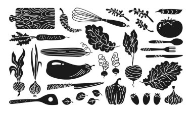 Sebze ve mutfak gereçleri çizgi film oymacılığı seti. Sebze havuç, salatalık, marul biber veya soğan sarımsağı vs. Elle çizilmiş sağlıklı tarım ürünü. Siluet vejetaryen çocuksu menü vektörü
