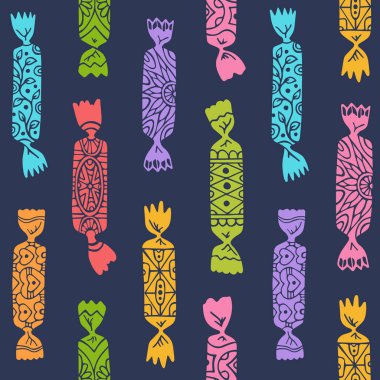 Paketlenmiş şekersiz desen. Karamel bonbon lolipop ve karalama süslemeleri sınırsız arka plan. Çizgi film tatlıları kağıt baskı, kumaş tekstil, ambalaj arka planı şablonu için sonsuz tasarım.