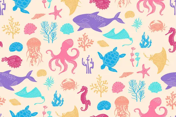 Okyanus deniz hayvanları pürüzsüz bir desen çizerler. Deniz anası, deniz kabuğu deniz atı yengeci, balina, Medusa. Denizaltı sınırsız arka planı. Kağıt baskı arkaplanı için sonu gelmeyen komik şablon tasarımı