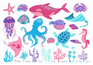 Okyanus deniz hayvanları el çizimi çizgi film seti. Çocuk denizanaları, deniz kabuğu, deniz atı ve balıklar için komik deniz komedi dizaynı. Denizaltı denizyıldızı, kaplumbağa ve ahtapot, yengeç, balina, medusa vektörü