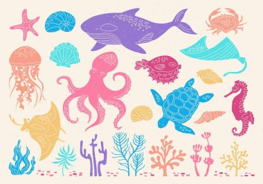 Okyanus deniz hayvanları çizgi filmi grunge etkisi yaratıyor. Çocuk denizanaları, deniz kabuğu deniz atı, balık için deniz feneri tasarımı. Denizaltı denizyıldızı, kaplumbağa ahtapot, yengeç, balina, medusa dokulu vektör