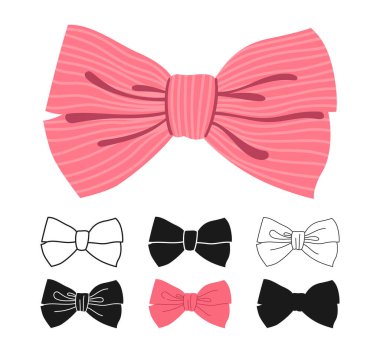 Kurdele romantik sembol seti. Kutlamalar silueti, ikon doğrusal tasarımı için şık bir bant tabelası. Çeşitli karikatür yay düğümü hediye kurdele ipek aksesuar. Sevimli çizgi çizgi film vektör çizimi