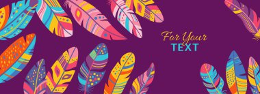 Tüy çizgi film fantezi afişi şablonu. Bohem posteri ya da stilize kuş tüyleri, etnik boho halk süsleri olan bir kartpostal. Zarif tasarım dekore edilmiş kuş tüyleri soyut sanat. Vektör illüstrasyonu