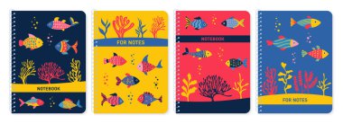 Su altı ya da akvaryum balığı dizayn kapağı seti. Planlayıcı, broşür, kitap ve katalog için okyanus mercan resifli karikatür balığı. Dekoratif not defteri düzeni sayfa yazdırma şablonu taşıyıcı posteri