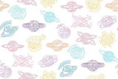 Fantezi gezegenler kusursuz desenler çizer. Soyut gezegenler sınırsız bir arka plan. Fantastik galaksi sonsuz evren tasarımı tekrar baskı, kumaş tekstil, tekrar ambalaj alanı arka planı astronomik şablon