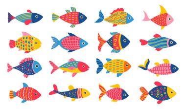 Deniz balığı soyut çizgi film fantazisi seti. Elle çizilmiş süslemeli şirin balıklar. Çocuksu egzotik tasarım soyut saf sanat. Ton balığı ya da akvaryum balığı. Düz tasarım izole vektör illüstrasyonu