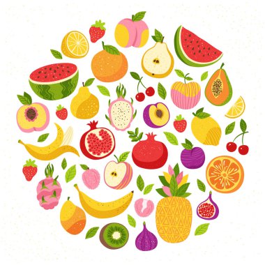 Meyveler ve böğürtlenler el çizimi çizgi film seti. Limonlu, portakallı, elmalı, karpuzlu, şeftalili, şeftalili, şeftalili, ananaslı, meyveli, kivili, muzlu, narlı, çilekli, vişneli, vişneli.