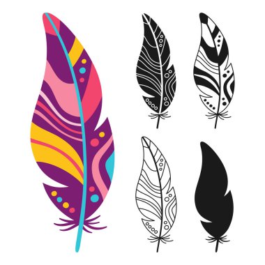 Tüy doğrusal simgesi, çizgi film sembolü seti. El çizimi şekillendirilmiş kuş tüyleri. Etnik boho süsleme desenli. Basit işaret kuşları tüy, siluet şekil ya da karalama sanatı. İzole vektör