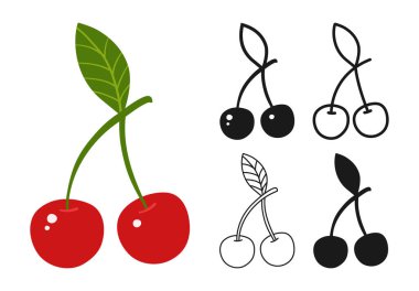 Kiraz sembolü çizgi film seti. Olgun kırmızı kiraz ya da doğrusal karalama ikonu. Soyut renkli çocuksu el çizimi meyveler. Şekil verilmiş grafik siluet şekli. Vektör basit moda sanat illüstrasyonu