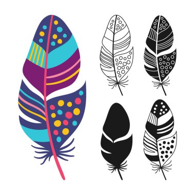 Tüy doğrusal simgesi, çizgi film sembolü seti. Etnik boho kabile süsleme desenli el çizimi zarif kuş tüyleri. İşaret kuşları tüy, siluet şekli ya da karalama sanatı. Vektör illüstrasyonu