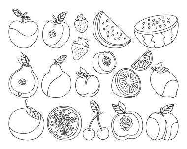 Meyve ya da böğürtlen karikatür seti. Dilimlenmiş doğrusal limon portakalı, elma, armut, karpuz şeftali meyvesi, modaya uygun taslak sanat. Sulu çilekli erikli vişneli karalama. Vegan vektör illüstrasyonu