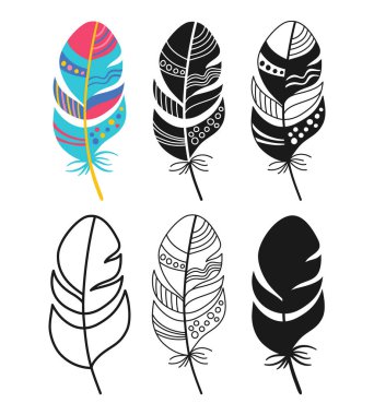Tüy doğrusal simgesi, çizgi film sembolü seti. Etnik boho kabile süsüyle çizilmiş el yapımı kuş tüyleri. İşaret kuşları tüy, siluet şekli ya da karalama sanatı. Fantezi Clipart vektör illüstrasyonu