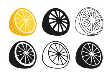 Limonlu turunçgiller çizgi film seti. Yarı limon çizgi karalama ikonu. Soyut renkli çocuksu el logo meyvesi çizmiş. Grafik biçimlendirilmiş turunçgil silueti şeklinde imzalayın. Vektör basit sanat grafik illüstrasyonu