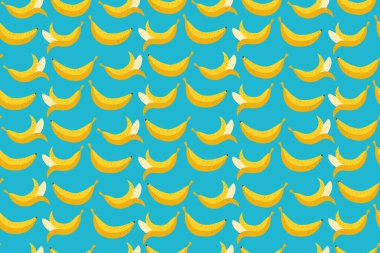 Muz çizgi filmi kusursuz desen. Hawaii muz meyvesi modası sınırsız arka plan. Kağıt baskı, tekstil ambalajı, arka plan şablonu ve muz vektörü için sonu gelmeyen şirin sarı meyveler.