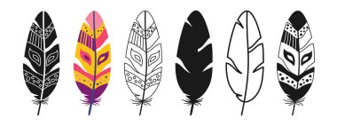 Tüy doğrusal simgesi, çizgi film sembolü seti. Etnik boho kabile süsleme desenli el çizimi zarif kuş tüyleri. İşaret kuşları tüy, siluet şekli ya da karalama sanatı. Vektör illüstrasyonu