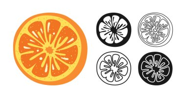Turuncu turunçgil sembolü çizgi film seti. Yarı portakallı doğrusal karalama ikonu. Soyut çocuksu el çizimi logo narenciye meyvesi. Grafik biçiminde siluet şeklinde imzalayın. Vektör basit grafik illüstrasyonu