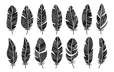 Tüylü tek renkli pul seti. Doodle stilize kuş tüyleri ile etnik boho halk ana hatları süs desenleri. Dekore edilmiş kuşların tüyleri soyut siluet sanatı. İzole vektör illüstrasyonu