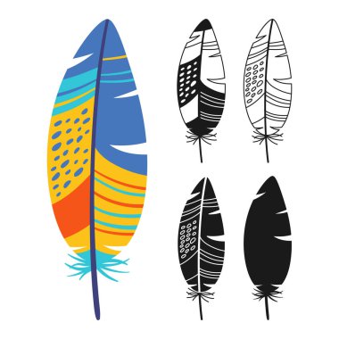 Tüy doğrusal simgesi, çizgi film sembolü seti. Etnik boho kabile süsüyle el çizimi renkli kuş tüyleri. İşaret kuşları tüy, siluet şekli ya da karalama sanatı. Fantezi vektör illüstrasyonu